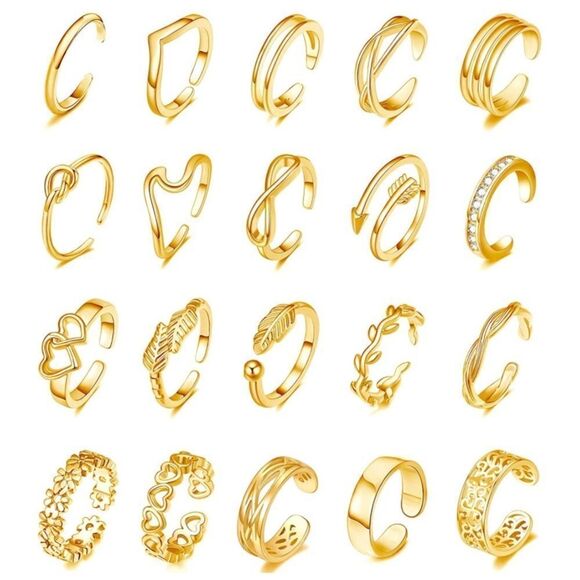 Yellow Gold Adjustable Boho Open Toe Rings - Set of 20 - Picture 1 of 11